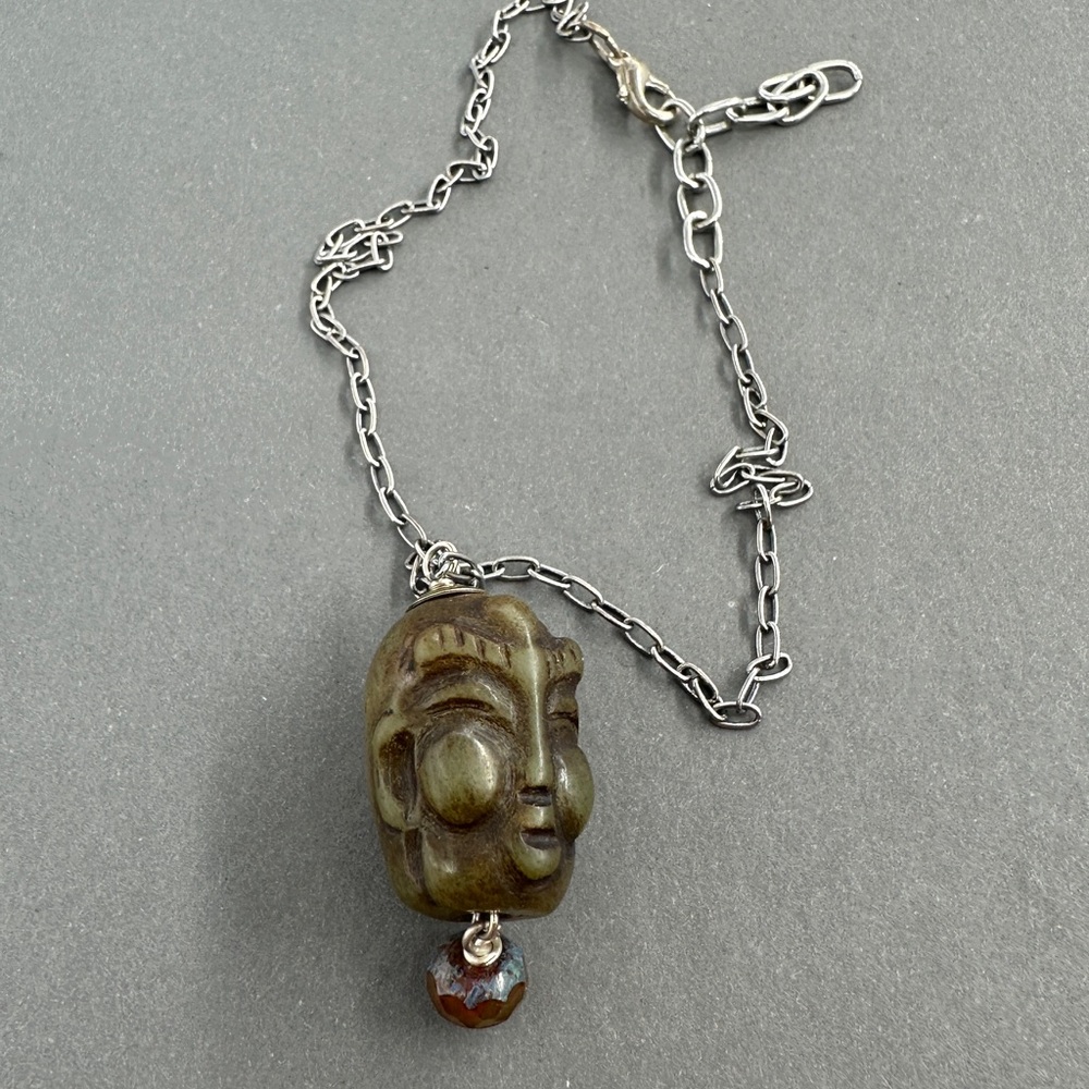 Stone Buddha Pendant Necklace with adjustable silver chain - Picture 2 of 4